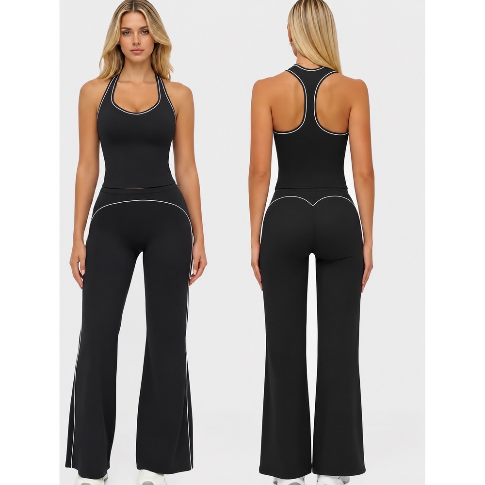 NEW Black White Contrast Piping Racerback Tank Flare Pant 2 Piece Athleisure Set